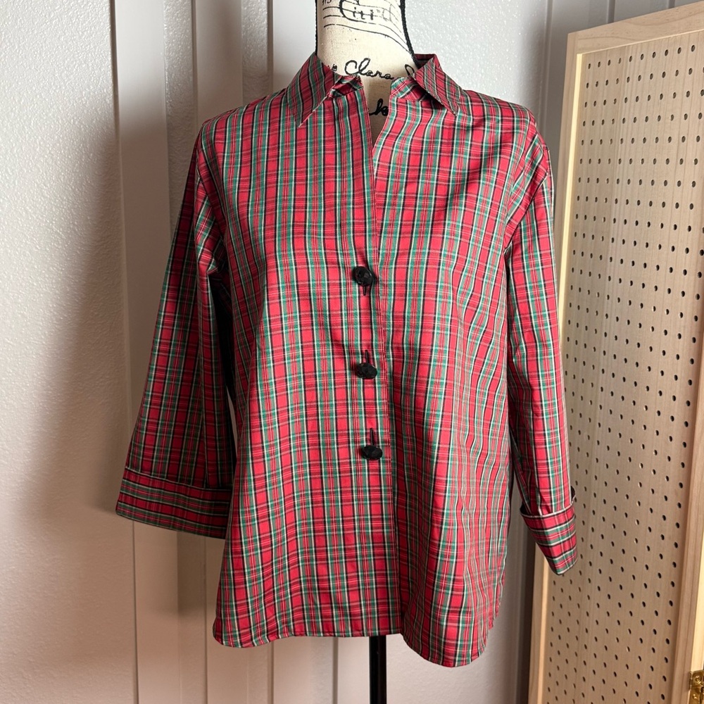 Foxcroft NYC Red Green Tartan Plaid Shirt 14 Wrinkle Free Holiday‎ - Picture 2 of 11